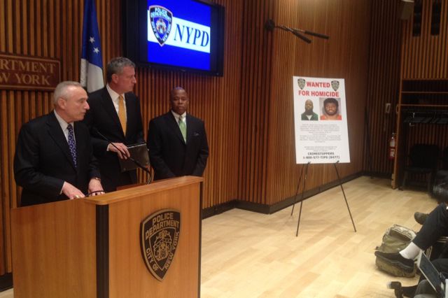 Police Commissioner Bill Bratton, Mayor Bill de Blasio and Brooklyn Borough President Eric Adams